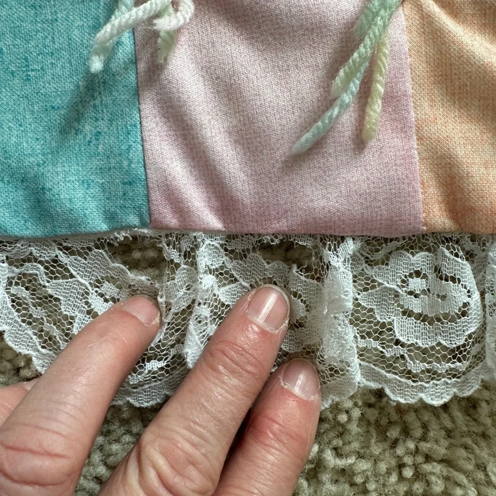 Handmade Pastel Patchwork Baby Quilt Lace Trim Yarn Ties Vintage Style Blanket